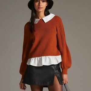 Maeve Anthropologie Textured Twofer Peter Pan Collared Sweater Orange Womens LP